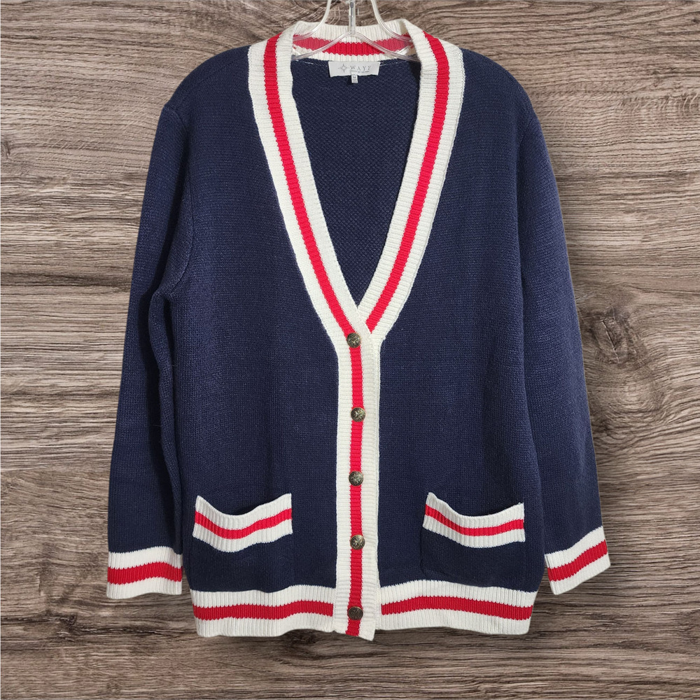 WAYF NWOT v-neck button front red white and blue cardigan sweater woman's size M